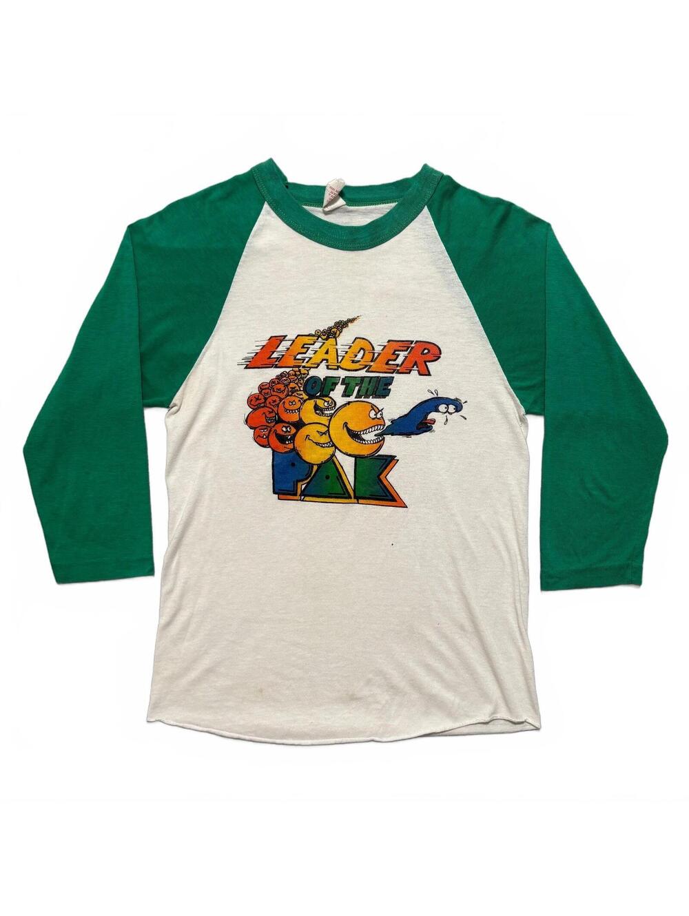 VTG 80's Pac Man Video Game Graphic Raglan 3/4 Sleeve Shirt S Green White Retro